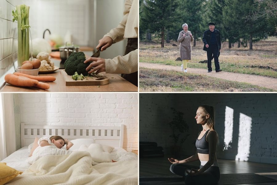 Four sides of daily habit: fresh vegetables being prepared, a couple walking in a park, someone sleeping soundly, and a person sitting in quiet meditation.